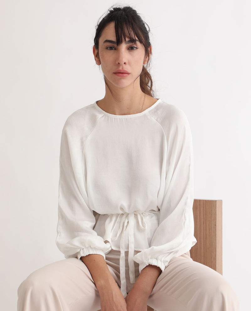 Rareism Women's Lenze White Polyester Fabric Full Sleeves Boat Neck Volume Sleeve Oversized Plain Top