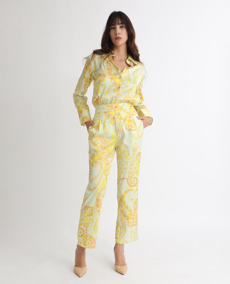Rareism Women'S Lenzet Yellow Polyester Fabric Relaxed Fit Paisley Print Ankle Length Trousers