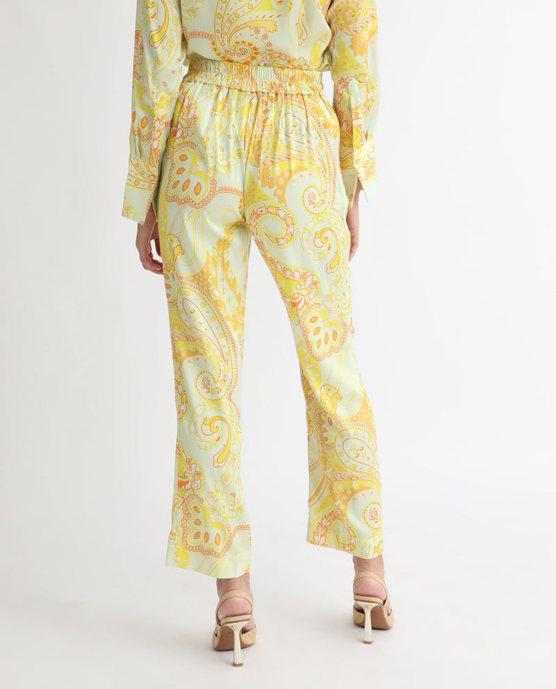 Rareism Women'S Lenzet Yellow Polyester Fabric Relaxed Fit Paisley Print Ankle Length Trousers