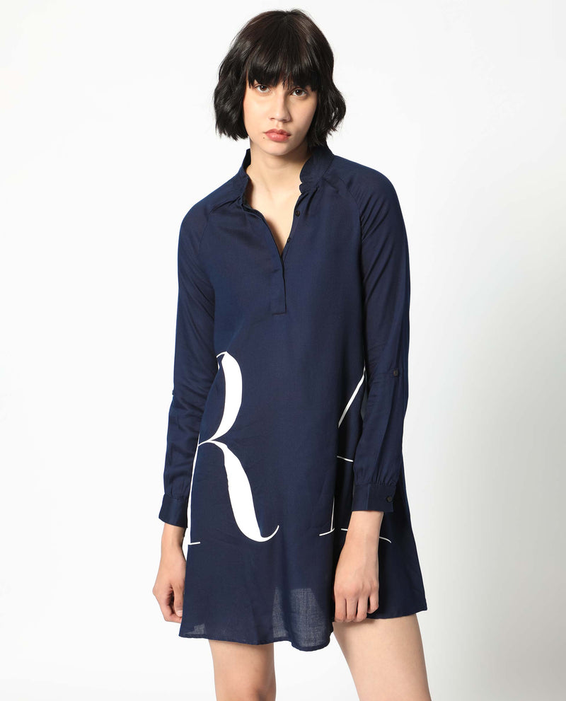 Rareism Women's Leor Dark Blue Tencel Fabric Full Sleeves Button Closure Mandarin Collar Relaxed Fit Print Short A-Line Dress