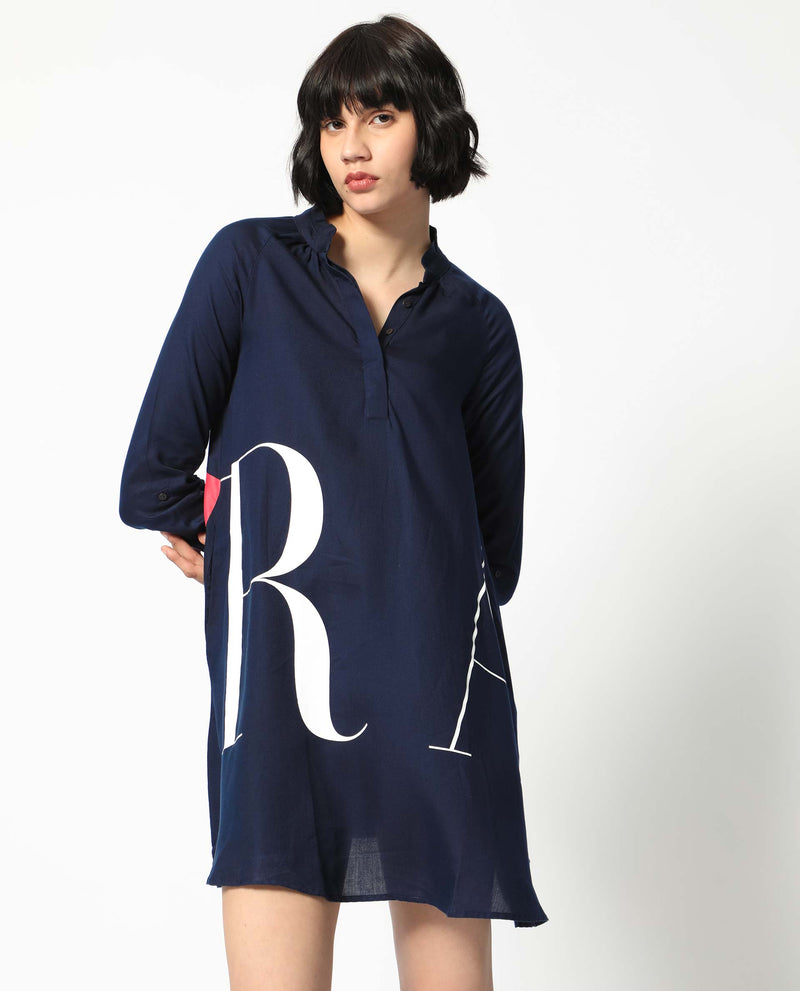 Rareism Women's Leor Dark Blue Tencel Fabric Full Sleeves Button Closure Mandarin Collar Relaxed Fit Print Short A-Line Dress