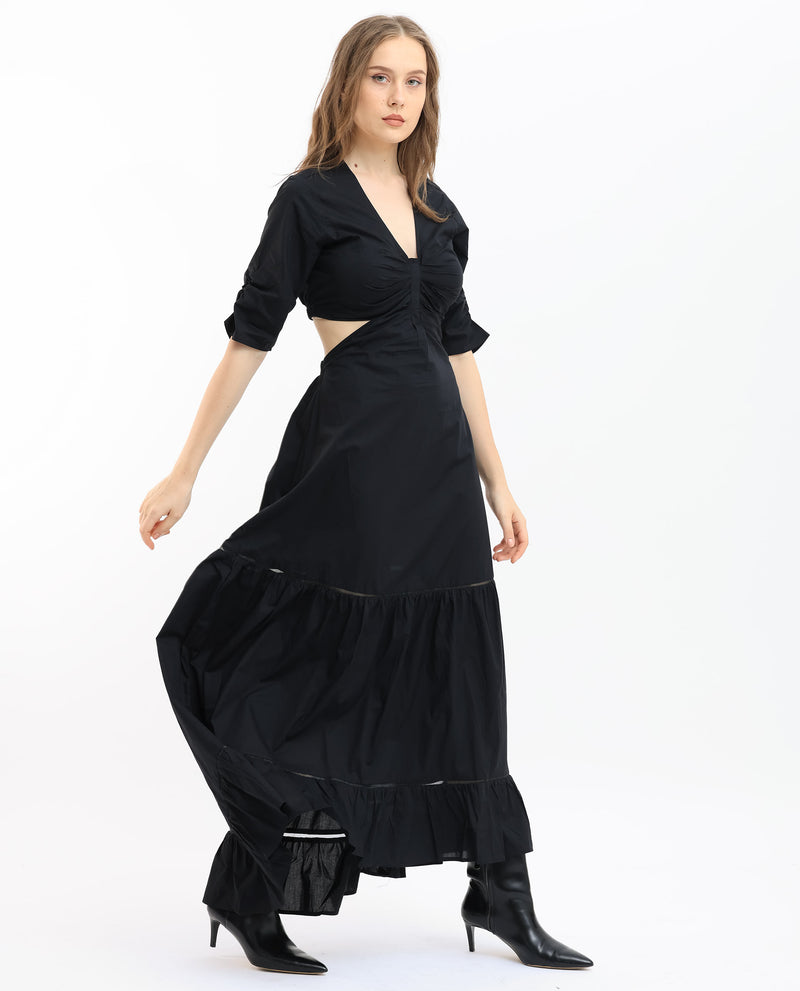 Rareism Women'S Lesman Black Cotton Fabric Short Sleeves V-Neck Puff Sleeve Fit And Flare Plain Maxi Dress