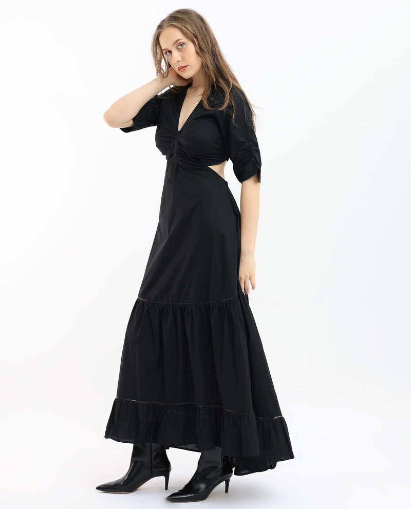 Rareism Women'S Lesman Black Cotton Fabric Short Sleeves V-Neck Puff Sleeve Fit And Flare Plain Maxi Dress