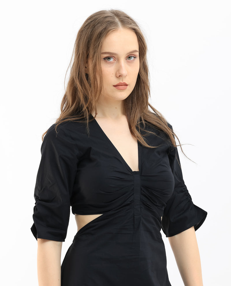 Rareism Women's Lesman Black Cotton Fabric Short Sleeves V-Neck Puff Sleeve Fit And Flare Plain Maxi Dress