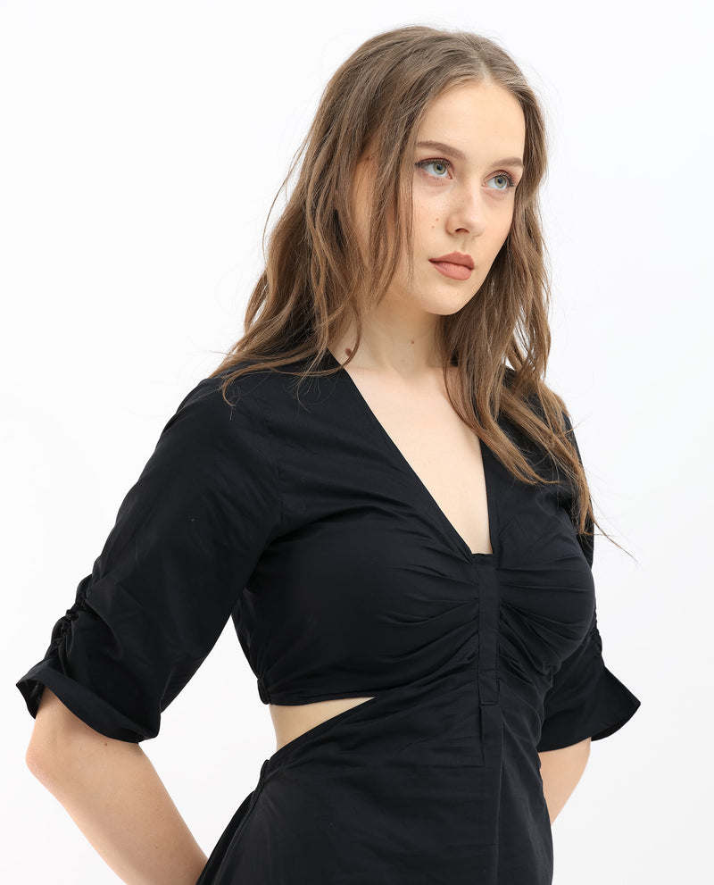 Rareism Women's Lesman Black Cotton Fabric Short Sleeves V-Neck Puff Sleeve Fit And Flare Plain Maxi Dress