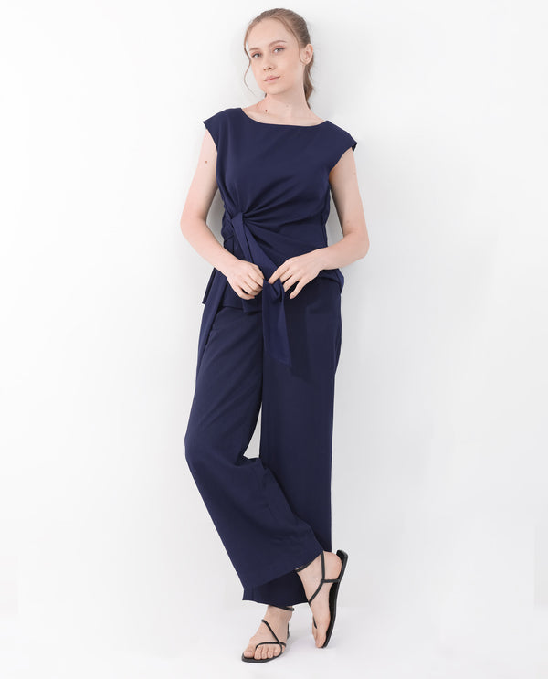 Rareism Women's Leville-T Dark Blue Polyester Fabric Cap Sleeve Boat Neck Solid Short Top