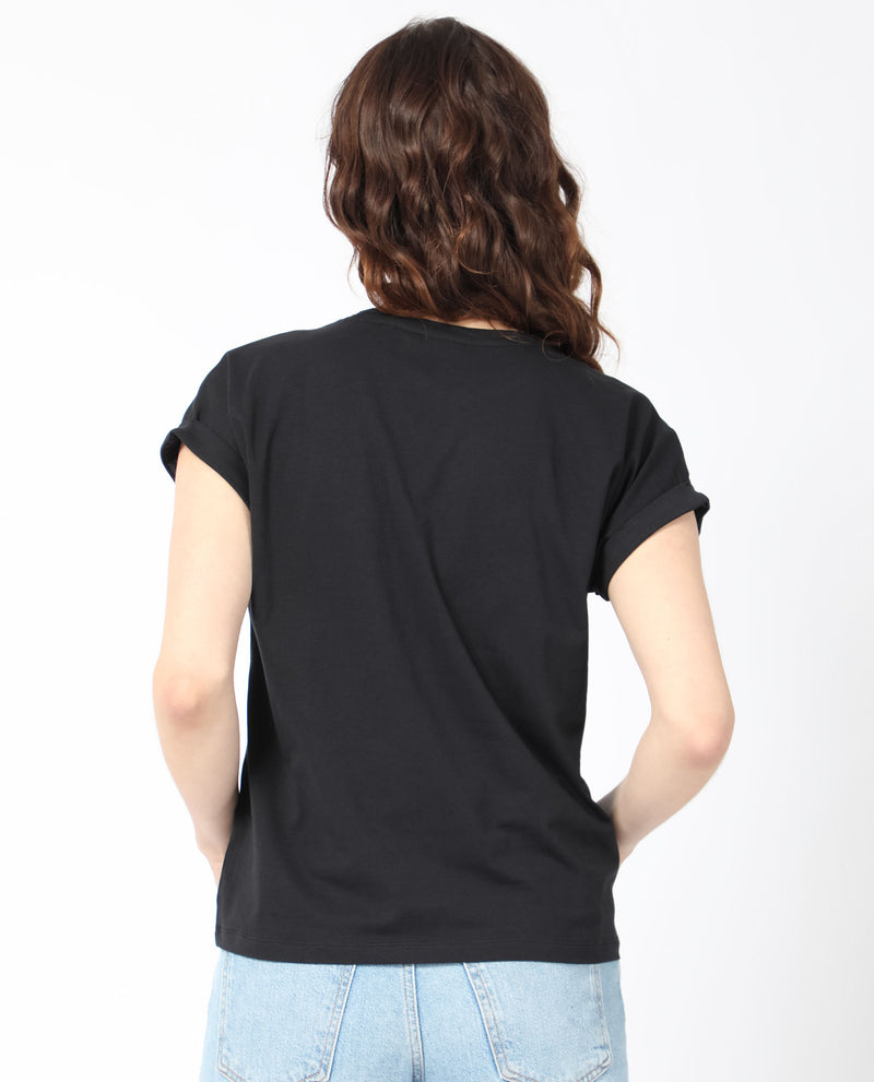 Rareism Women'S Lia Black Cotton Fabric Short Sleeves Crew Neck Extended Sleeve Regular Fit Graphic Print T-Shirt