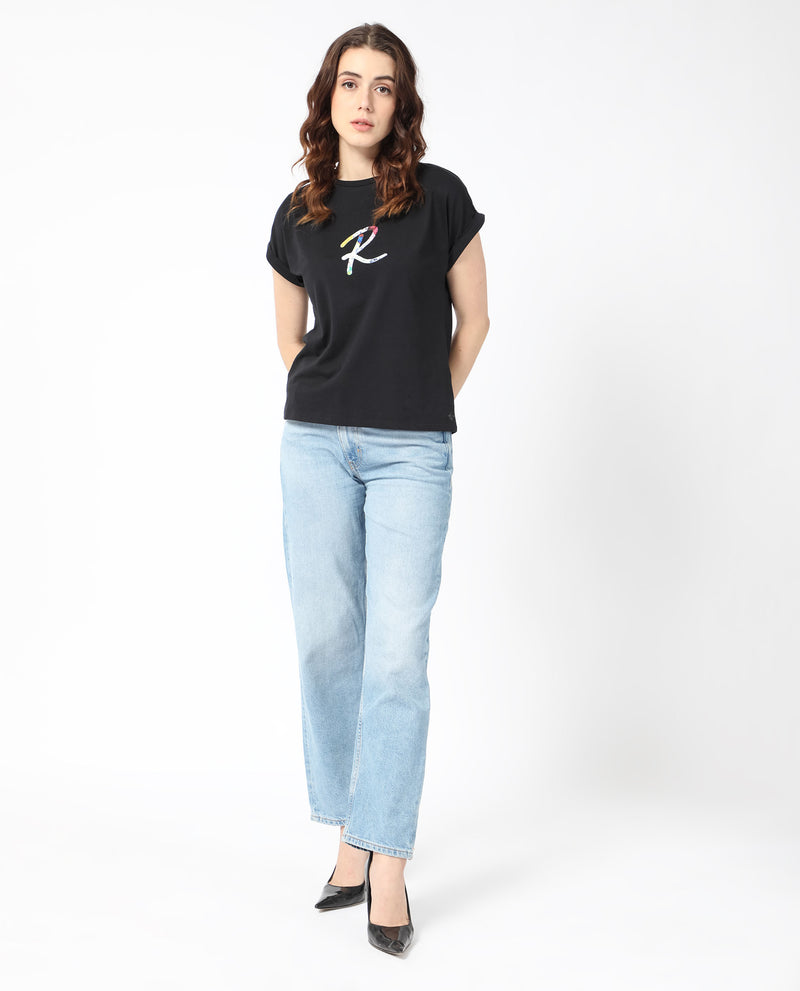 Rareism Women's Lia Black Cotton Fabric Short Sleeves Crew Neck Extended Sleeve Regular Fit Graphic Print T-Shirt