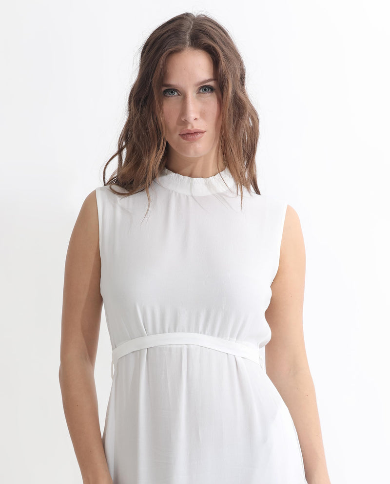 RAREISM WOMENS LILIES WHITE DRESS VISCOSE FABRIC REGULAR FIT SLEEVELESS HIGH NECK
