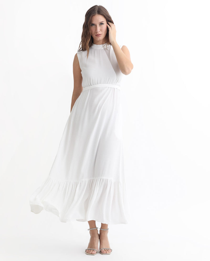 RAREISM WOMENS LILIES WHITE DRESS VISCOSE FABRIC REGULAR FIT SLEEVELESS HIGH NECK