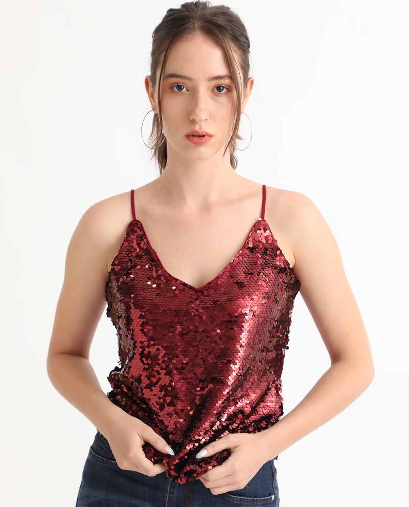 RAREISM WOMEN'S LILO SHEEN RED TOP NOODLE STRAP U - NECK SEQUINED HIP LENGTH SOLID
