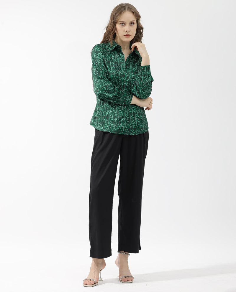 Rareism Women's Lindsay Dark Green Polyester Fabric Full Sleeves Button Closure Collared Neck Cuffed Sleeve Regular Fit Monogram Top