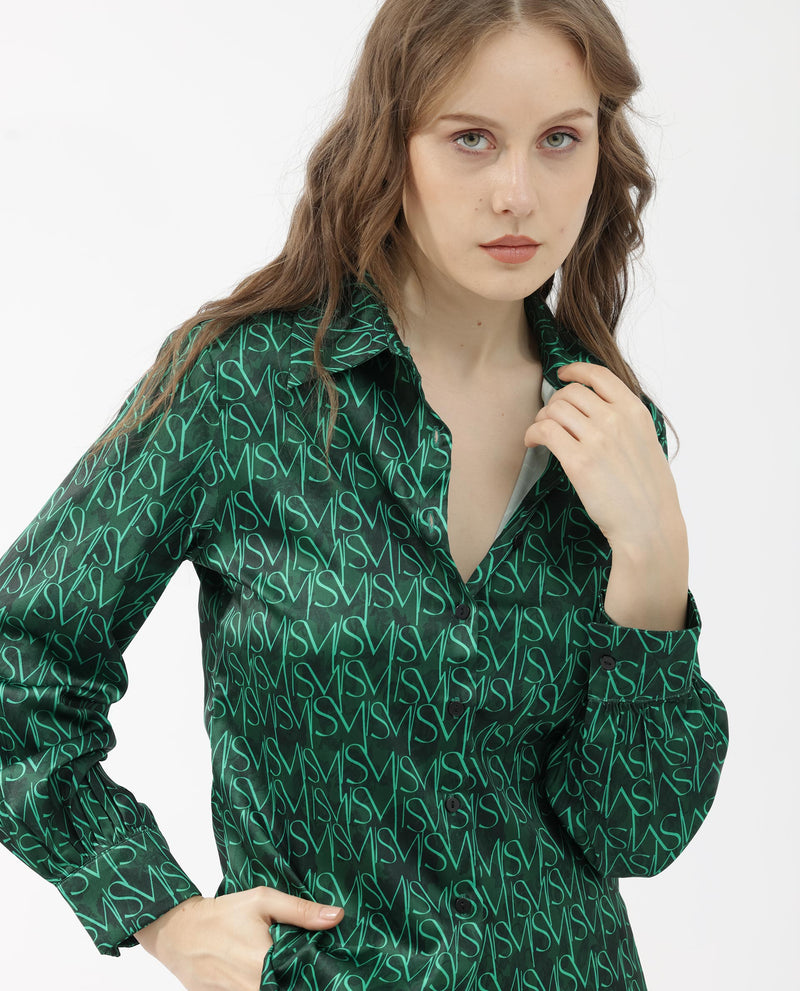 Rareism Women's Lindsay Dark Green Polyester Fabric Full Sleeves Button Closure Collared Neck Cuffed Sleeve Regular Fit Monogram Top