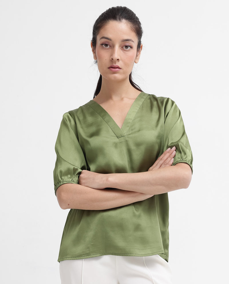 Rareism Women'S Linus Dark Green Polyester Fabric HALF Sleeve V-Neck Button Closure Solid Regular Fit Top