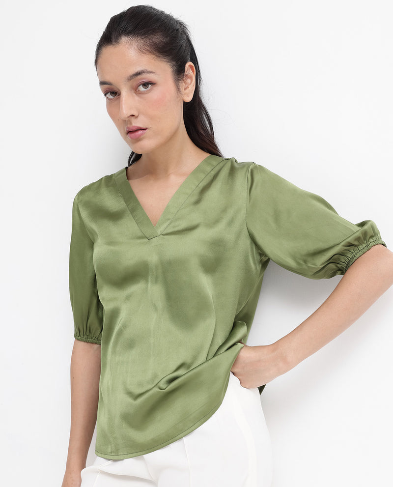 Rareism Women'S Linus Dark Green Polyester Fabric HALF Sleeve V-Neck Button Closure Solid Regular Fit Top