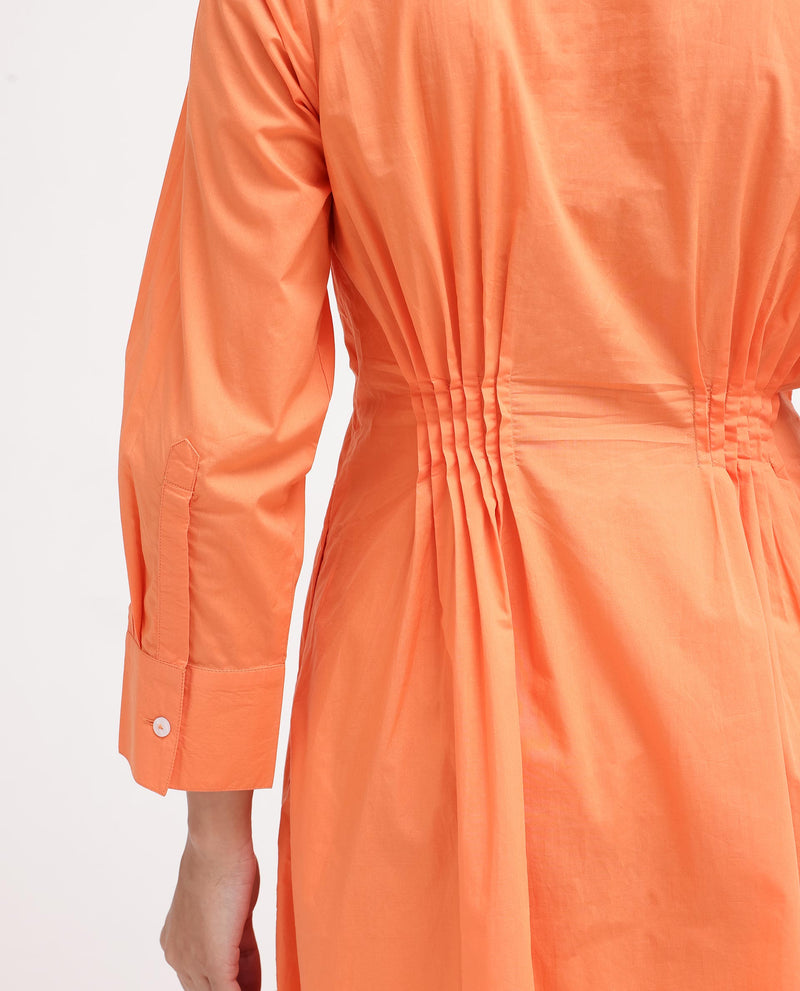 Rareism Women'S Lister Orange Cotton Fabric Regular Sleeves U Neck Solid Longline Dress