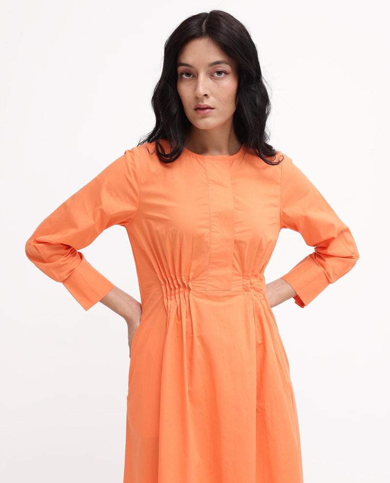 Rareism Women'S Lister Orange Cotton Fabric Regular Sleeves U Neck Solid Longline Dress