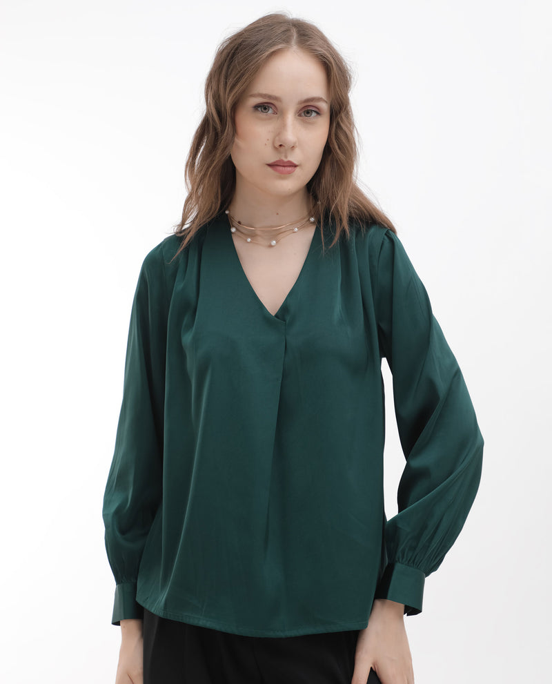 Rareism Women'S Lohan Dark Green Polyester Fabric Full Sleeve V-Neck Solid Regular Length Top