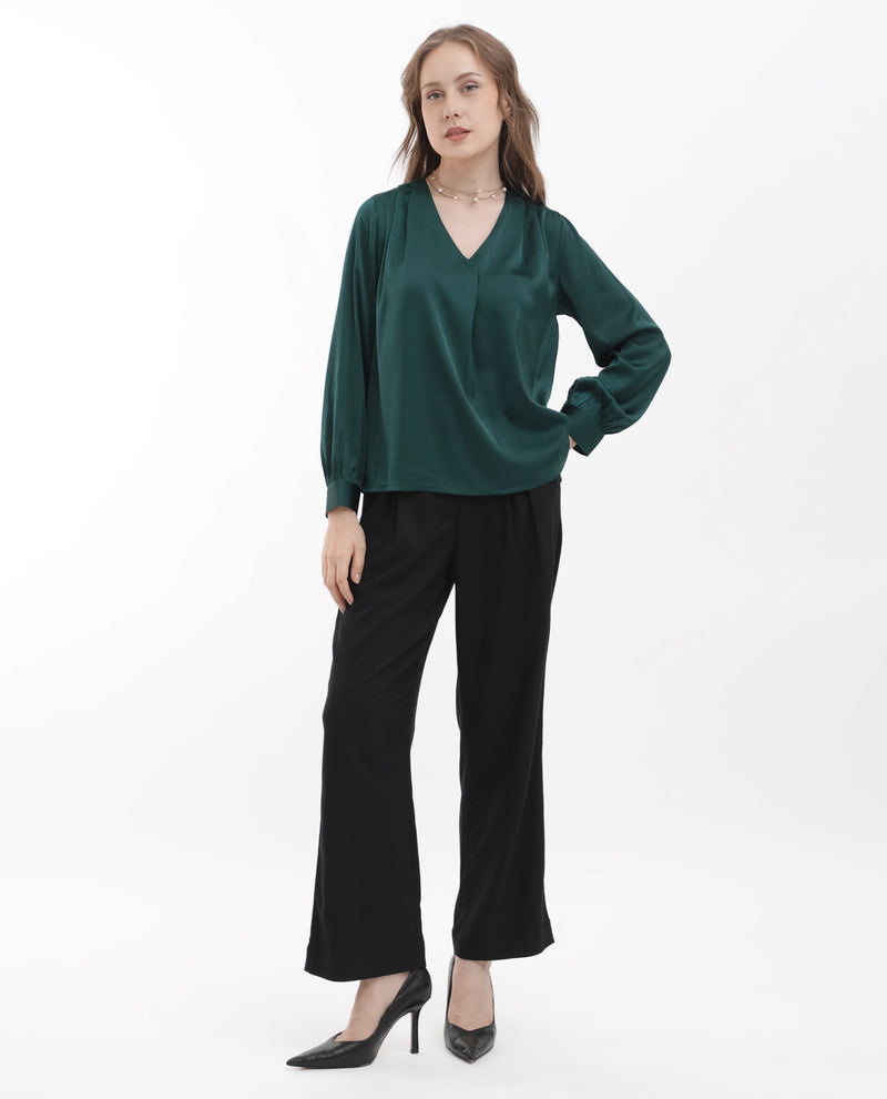 Rareism Women'S Lohan Dark Green Polyester Fabric Full Sleeve V-Neck Solid Regular Length Top