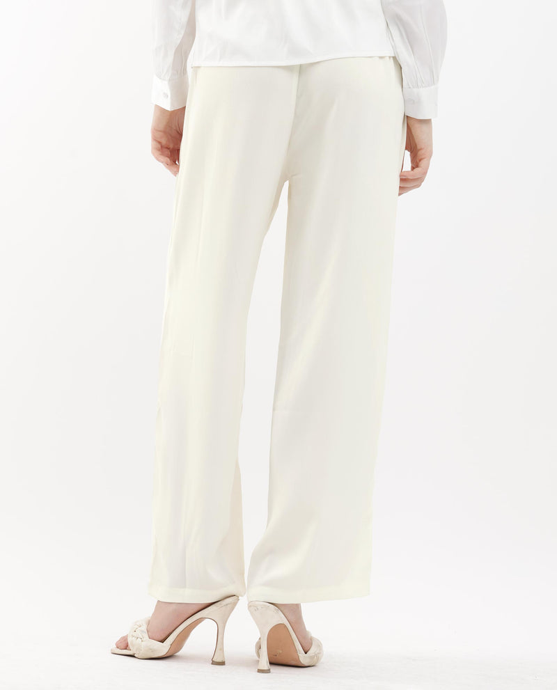 Rareism Women's Haz Light Off White Polyester Fabric Wide Leg Fit Plain Ankle Length Trousers