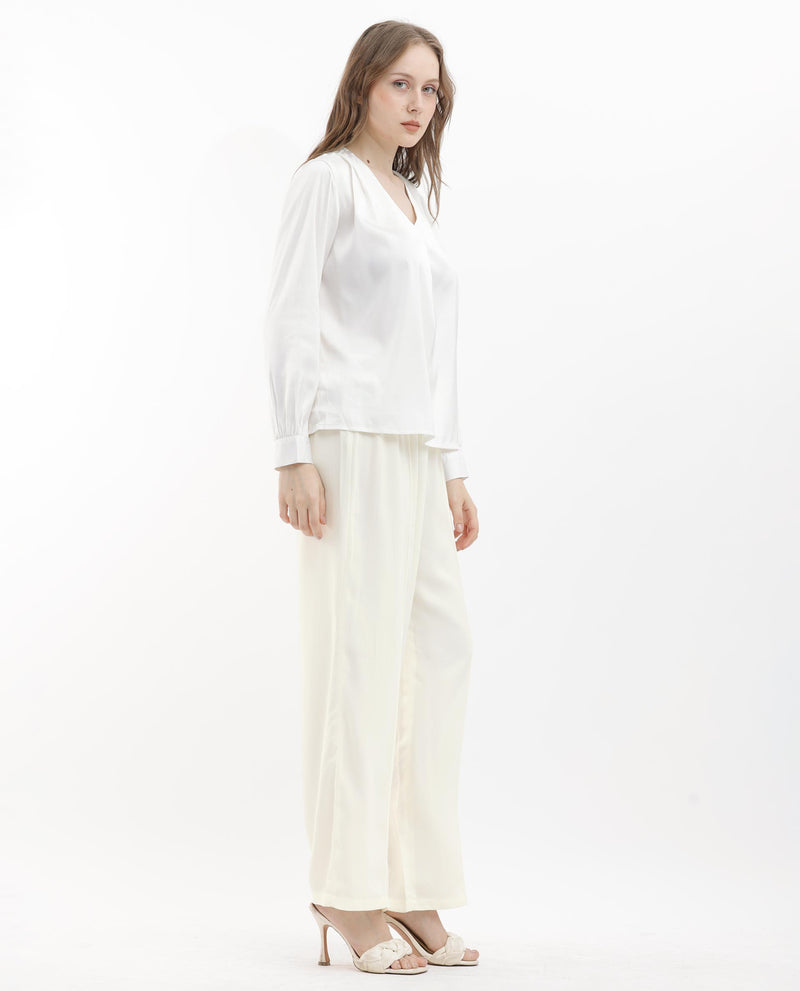Rareism Women's Haz Light Off White Polyester Fabric Wide Leg Fit Plain Ankle Length Trousers