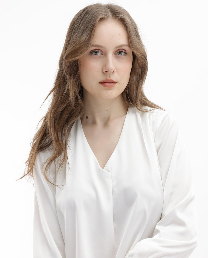 Rareism Women's Lohan White Polyester Fabric Full Sleeves V-Neck Cuffed Sleeve Regular Fit Plain Top