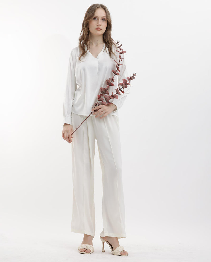 Rareism Women's Lohan White Polyester Fabric Full Sleeves V-Neck Cuffed Sleeve Regular Fit Plain Top