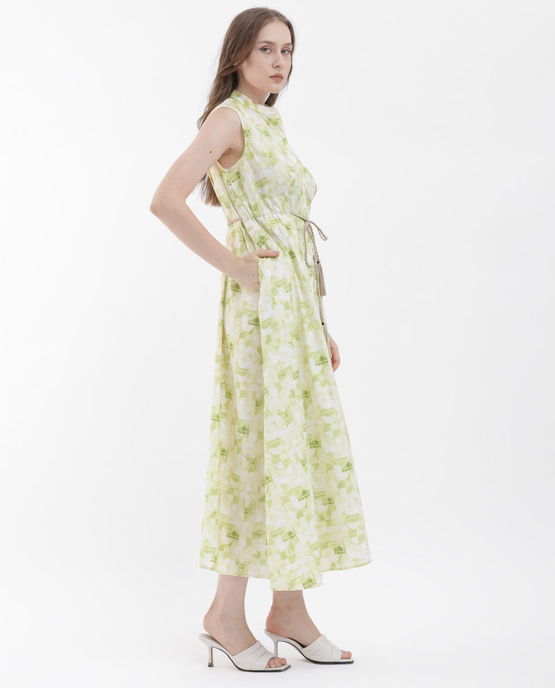 Rareism Women's Loralai Green Cotton Fabric Button Closure Round Neck Sleeveless Flared Fit Geometric Print Maxi Dress