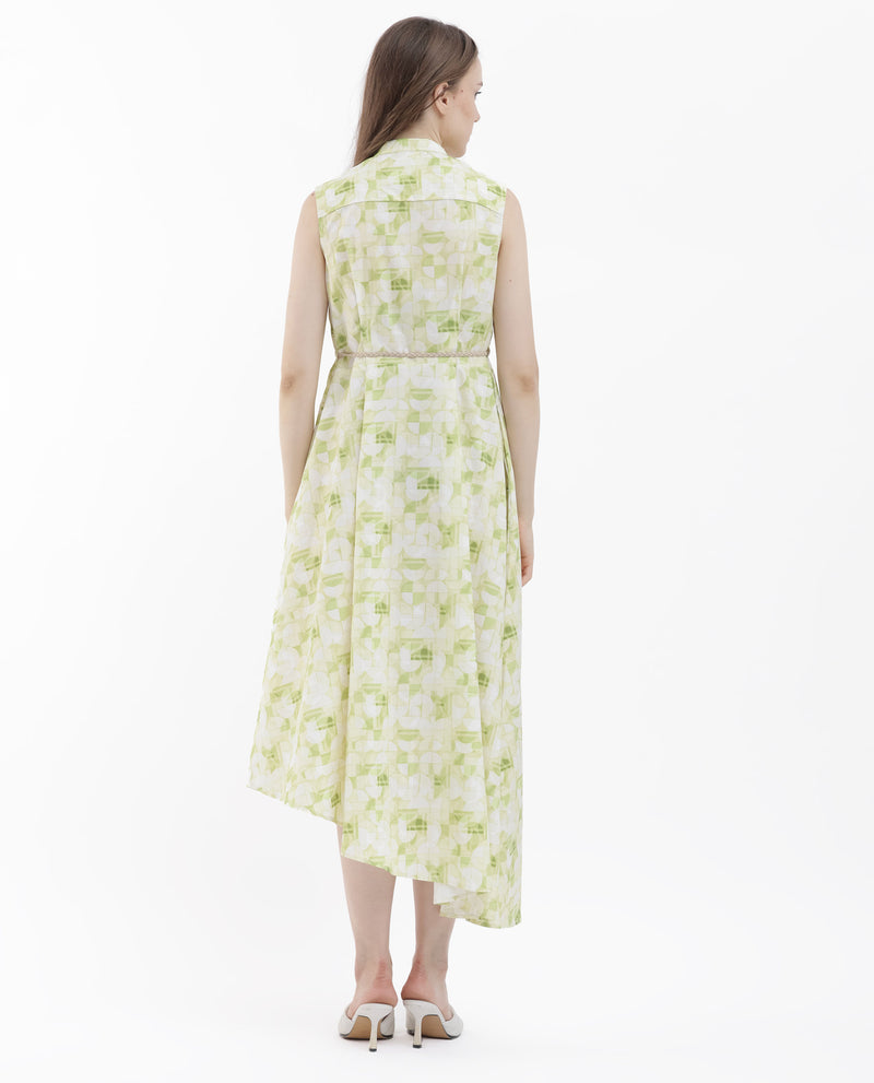 Rareism Women's Loralai Green Cotton Fabric Button Closure Round Neck Sleeveless Flared Fit Geometric Print Maxi Dress
