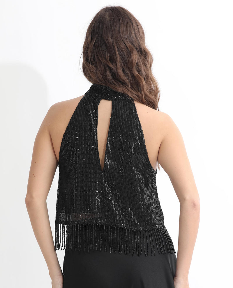 Rareism Women's Lovia Black Nylon Fabric Regular Fit Halter Neck Sleeveless Sequined Top