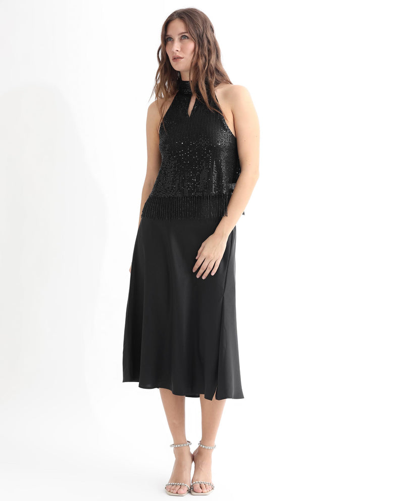 Rareism Women's Lovia Black Nylon Fabric Regular Fit Halter Neck Sleeveless Sequined Top