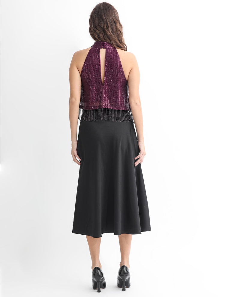 Rareism Women'S Lovia Dark Maroon Nylon Fabric Regular Fit Halter Neck Sleeveless Sequined Top