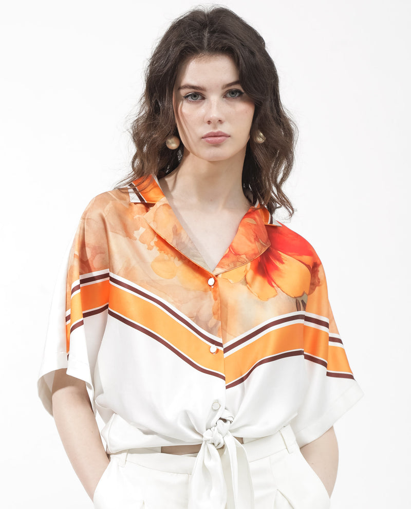 Rareism Women'S Lyney Multi Polyester Fabric Short Sleeve Collared Neck Geometric Print Regular Length Top