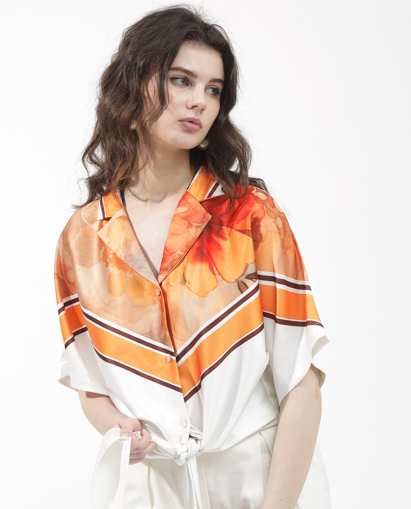 Rareism Women'S Lyney Multi Polyester Fabric Short Sleeve Collared Neck Geometric Print Regular Length Top