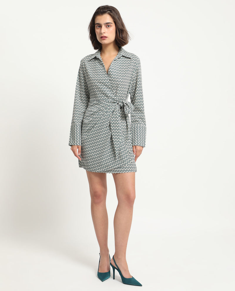 Rareism Women's Mackay Green Polyester Fabric Full Sleeves Drop Collar Regular Fit Geometric Print Short Boxy Dress