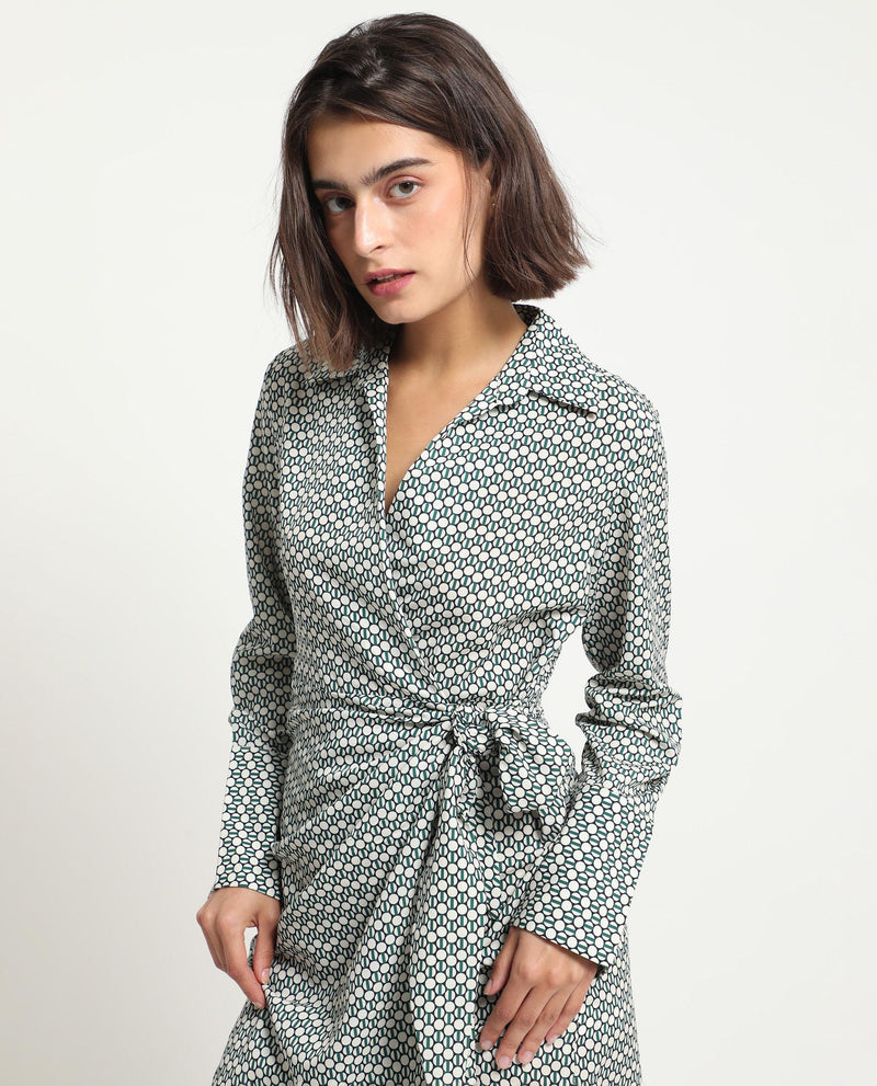 Rareism Women's Mackay Green Polyester Fabric Full Sleeves Drop Collar Regular Fit Geometric Print Short Boxy Dress