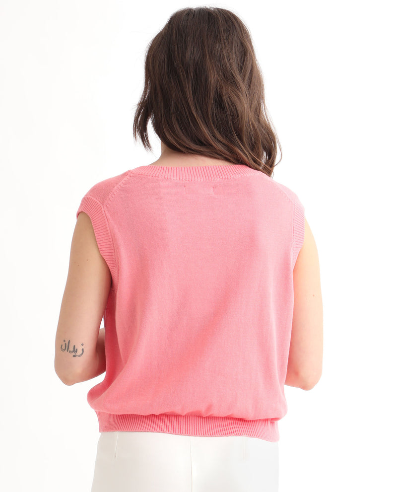 Rareism Women's Madelyn Pink Cotton Fabric Sleeveless Knee Length Regular Fit Solid V-Neck Sweater