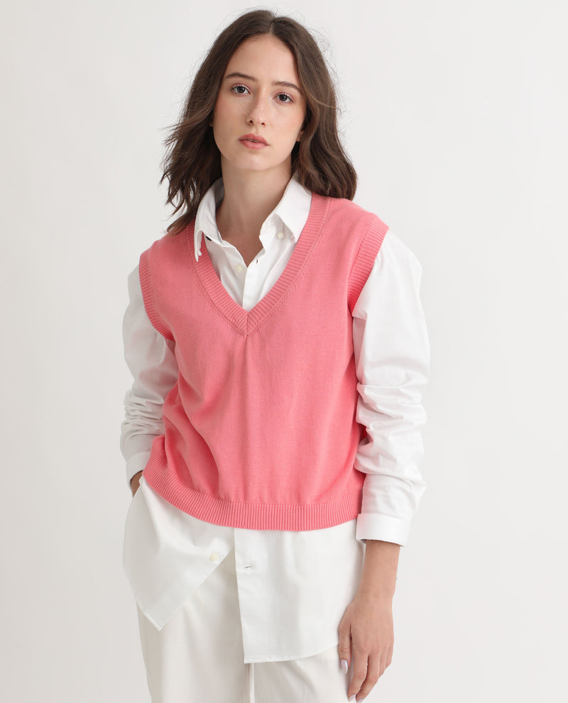 Rareism Women's Madelyn Pink Cotton Fabric Sleeveless Knee Length Regular Fit Solid V-Neck Sweater