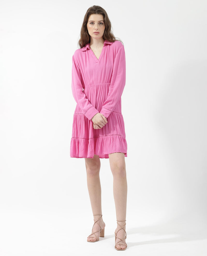 Rareism Women's Magner Pink Rayon Fabric Full Sleeves Collared Neck Fit And Flare Plain Mini Dress