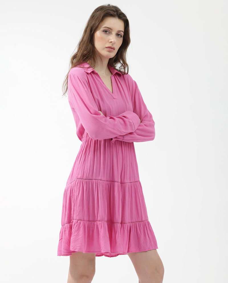 Rareism Women's Magner Pink Rayon Fabric Full Sleeves Collared Neck Fit And Flare Plain Mini Dress