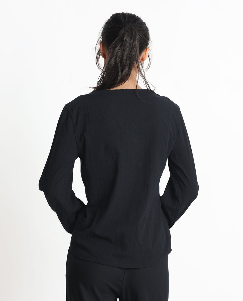 Rareism Women's Mante Black Cotton Fabric Full Sleeves Button Closure Mandarin Collar Bishop Sleeve Regular Fit Plain Top