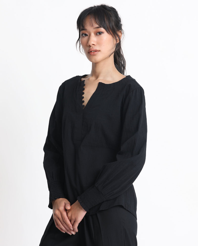 Rareism Women's Mante Black Cotton Fabric Full Sleeves Button Closure Mandarin Collar Bishop Sleeve Regular Fit Plain Top