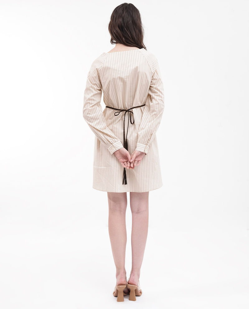 Rareism Women'S Margaret Beige Cotton Fabric Sleeveless Round Neck Stripe Regular Fit Dress