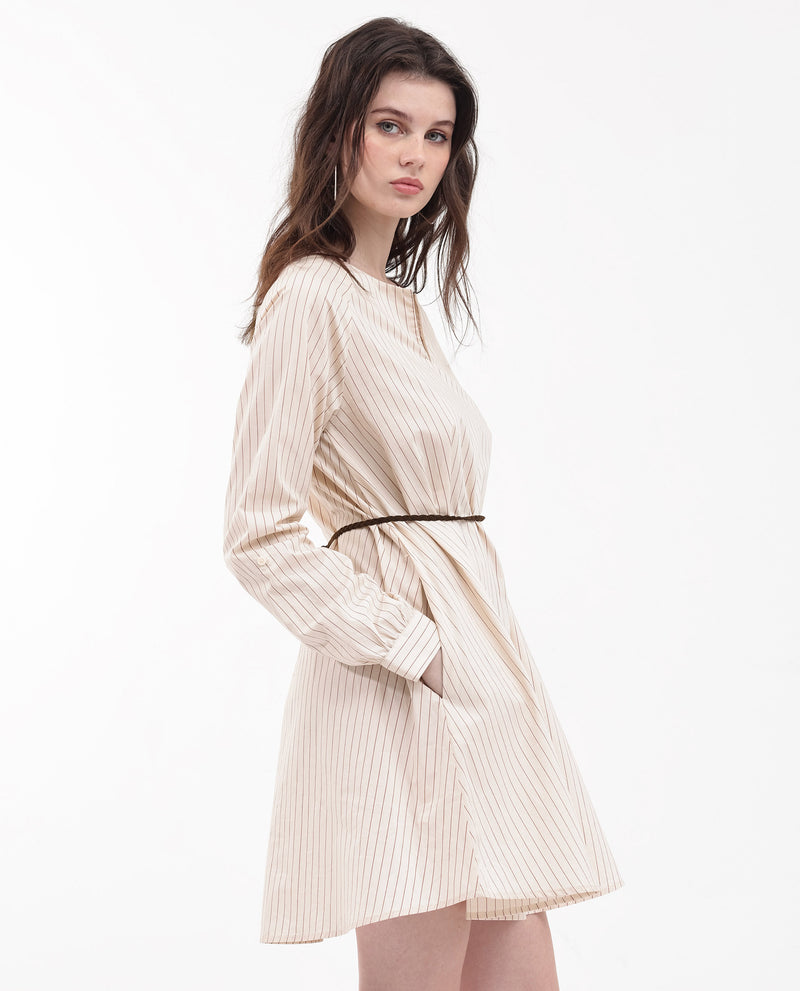 Rareism Women'S Margaret Beige Cotton Fabric Sleeveless Round Neck Stripe Regular Fit Dress