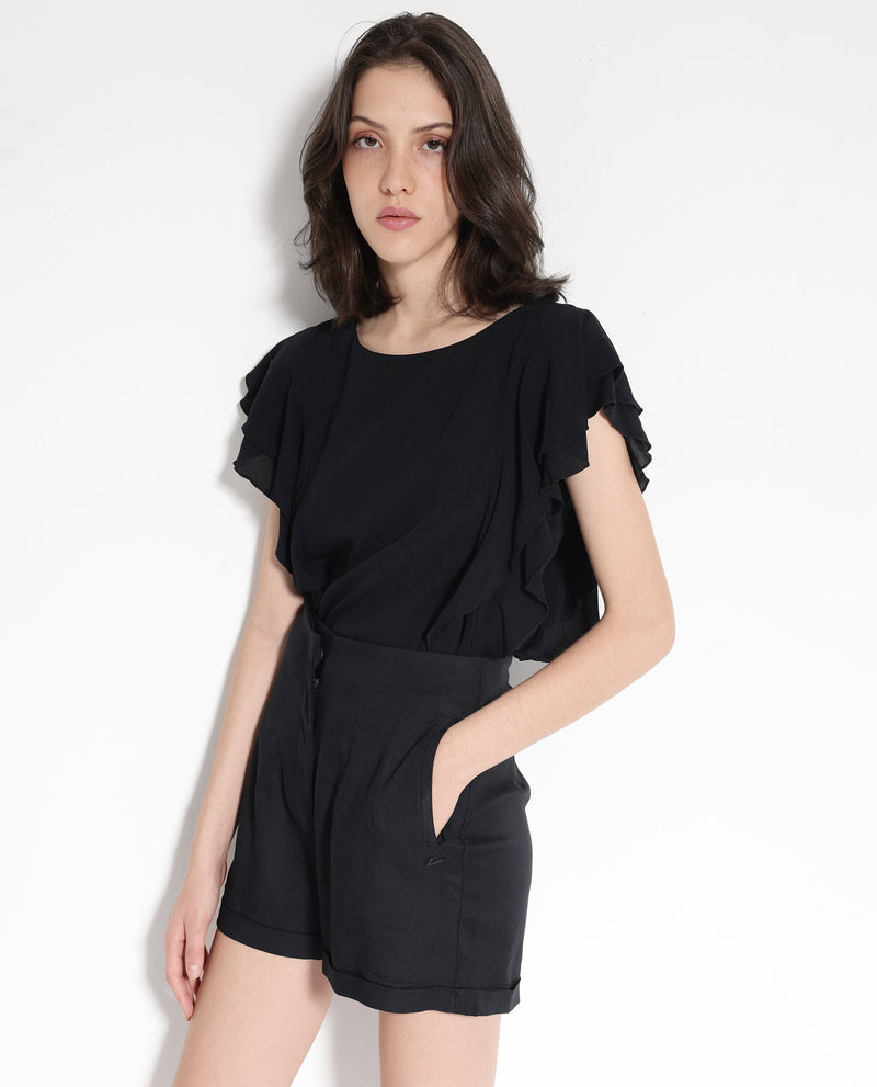 Rareism Women's Maslin Black Cotton Fabric Zipper Plain Mini Shorts