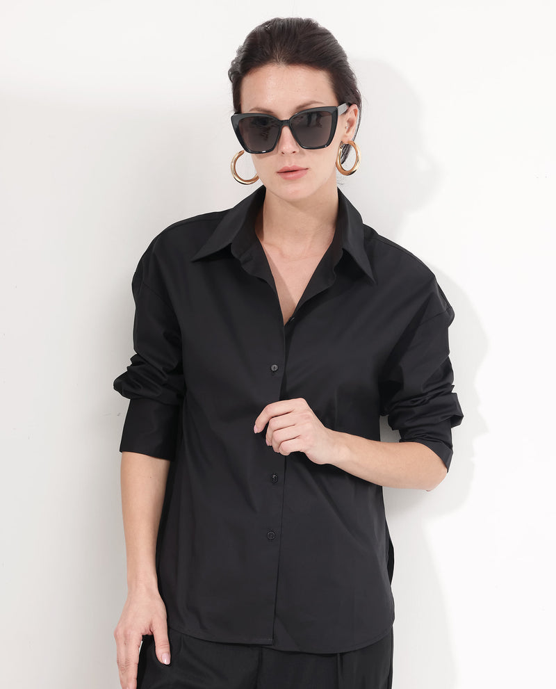 Rareism Women'S Matsue Black Cotton Fabric Full Sleeve Collared Neck   Solid Shirt