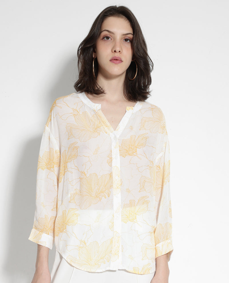 Rareism Women'S Mayton Light Yellow Button Closure Cuffed Sleeve Mandarin Collar Relaxed Fit Floral Print Shirt