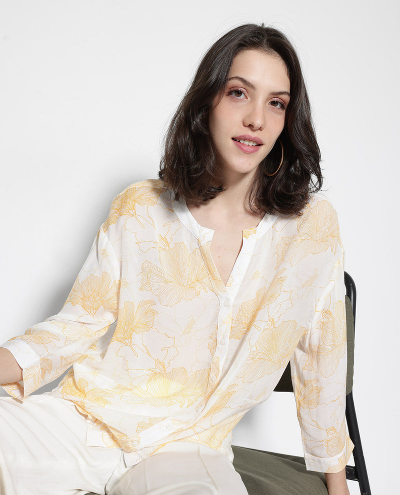 Rareism Women'S Mayton Light Yellow Button Closure Cuffed Sleeve Mandarin Collar Relaxed Fit Floral Print Shirt