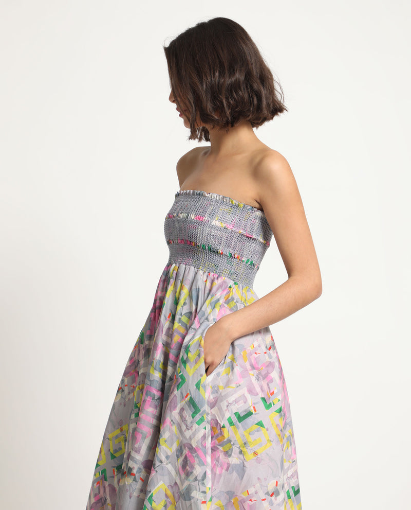 Rareism Women's Mazon Multi Cotton Fabric Sleeveless Tube Neck Shoulder Straps Fit And Flare Floral Print Midi Empire Dress