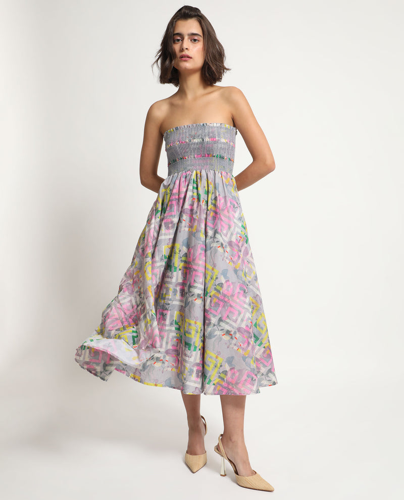 Rareism Women's Mazon Multi Cotton Fabric Sleeveless Tube Neck Shoulder Straps Fit And Flare Floral Print Midi Empire Dress